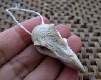 Stylized Raven Skull  Deer Antler Carving,  Side-Drilled,  Sculpture, Jewelry making  Supplies