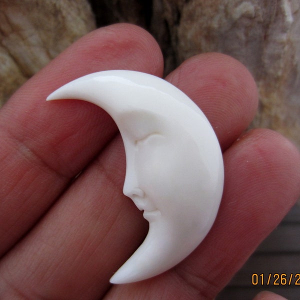Closed Eye Crescent Moon Face Cabochon, Buffalo Bone Carving  Embellishment, Flat Back Cabochon ,supplies  S4692
