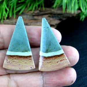 Può includere: Due pietre preziose triangolari con un aspetto a strati. La sezione superiore è un verde acqua tenue, seguita da una fascia bianca, poi una sezione marrone e beige e una base beige. Le pietre sono probabilmente per la creazione di gioielli.