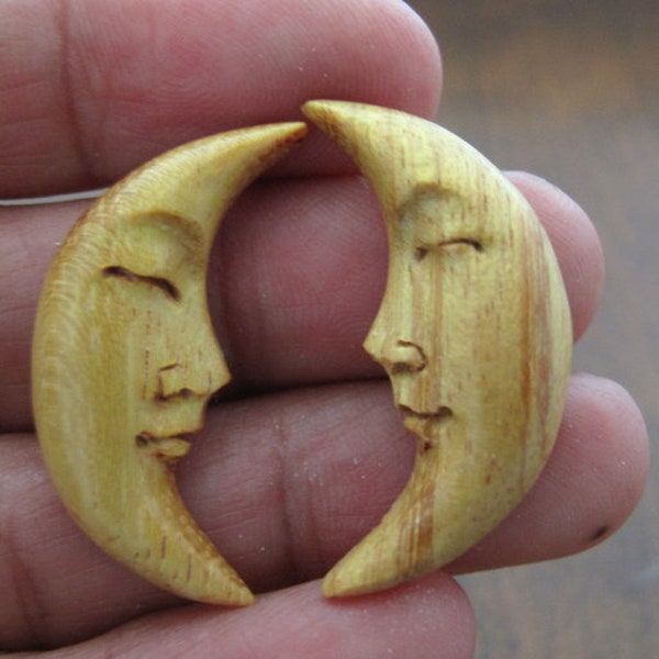 Stunning Hand Carved Moon Crescent PAIR, NOT DRILLED, Carved Jack Fruit Wood, Flat-Backed,  Jewelry Supplies S8366