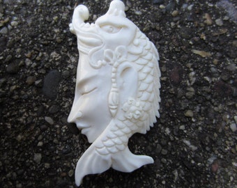 Gorgeous Mythical Sculpture Fish And Elephant Carved Bone Pendant Cabochon, Side way drill  S4200