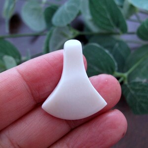 May include: A small, off-white, fan-shaped object with a rounded top and a flared base. The object is held in a person's hand, with green foliage in the background. The object appears to be made of a smooth, solid material.