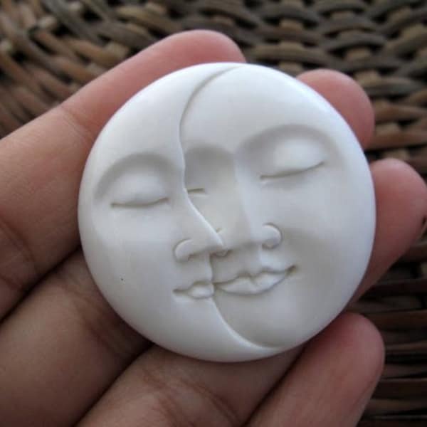 40 mm  Moon phase with Closed Eyes, Large Moon Face, Hand Carved Buffalo Bone, Embellishment, Jewelry making Supplies S6914