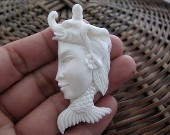 Gorgeous Mythical Sculpture Fish And Elephant Carved Bone Pendant Cabochon, Side way drill  S7896