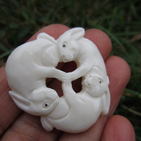 Hand Carved  Three Little Rabbits, Buffalo Bone Carving , Jewelry making Supplies S4276