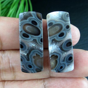 May include: Two polished agate stones with a rectangular shape. The stones feature a swirling pattern of brown, black, and blue-gray colors. The agate has a polished, smooth surface, and the pattern resembles eye-like shapes.