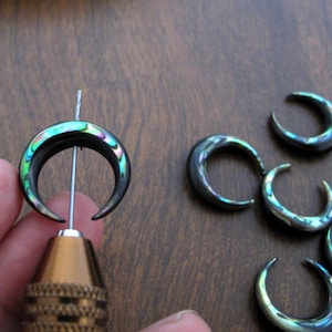 20mm Double  Sided Horn Crescent with Paua Inlay,  Abalone, Top to Bottom  DRILLED, jewelry making supplies  S7328