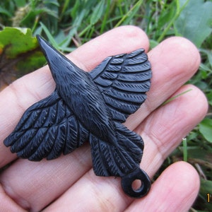 Large Black Raven Buffalo Horn Carving, 50 mm x 50 mm, Pendant Beads, Jewelry making Supplies S4293
