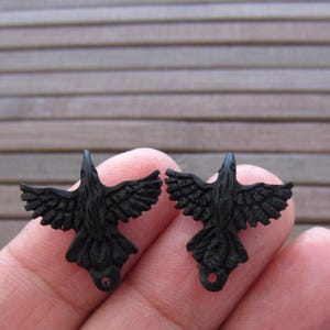 Tiny Pair 15mm x 13mm carved black    raven , Buffalo horn carving, Earrings  Jewelry making supplies S4637