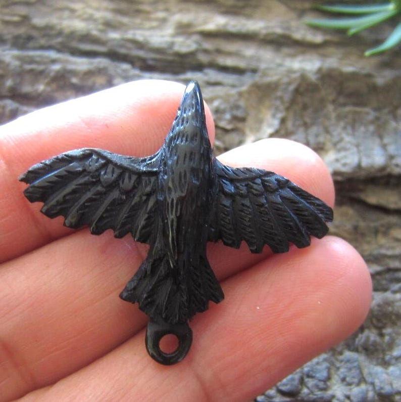 Beautifully Detailed Hand Carved Black Raven, 35mm Buffalo Horn Carving, Pendant Bead, Jewelry making Supplies S3273 image 2