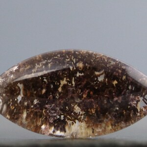 May include: A clear quartz cabochon with brown dendritic inclusions. The cabochon is oval shaped and has a smooth, polished surface.