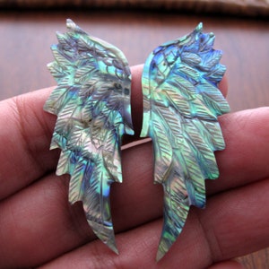 May include: A pair of iridescent abalone shell wings with a carved feather design. The wings are a light blue, green, and purple color.