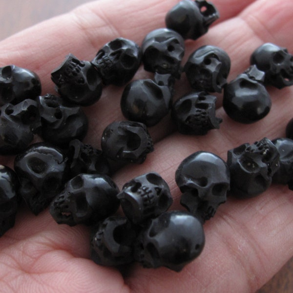 PAIR of 10mm Hand Carved Skull Beads from Buffalo Horn, Top to Bottom Full Drill, Suitable for Earrings, Jewelry making supplies S8197