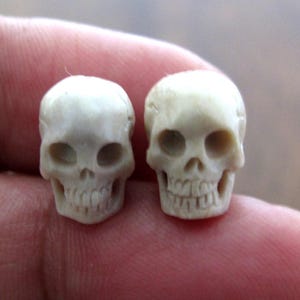 PAIR of 10mm Excellent Quality  Hand Carved Deer Antler  , Skull Beads, Top to Bottom Full DRILLED, Suitable for Earrings, S8515