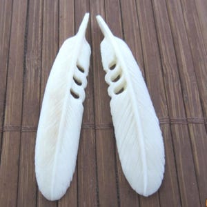 Hand  Carved  Pair of Bone Feathers, Side DRILLED, 2-Sided, Hand Carved Buffalo Bone, Embellishment , Jewelry making supplies S5410