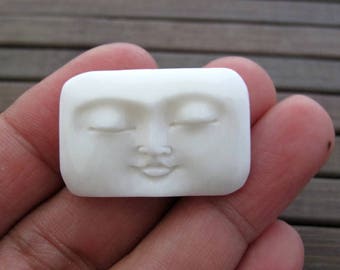 Rectangular Face with Closed Eyes, Hand Carved from Water Buffalo Bone, Flat back, Jewelry making supplies S7876