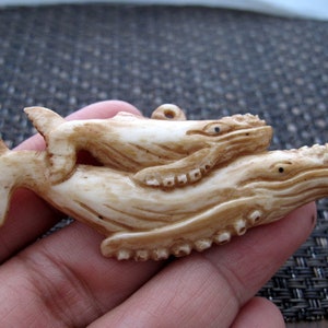 Hand Carved Buffalo bone   Mama Whale and her Calf,  Pendant,  with Hanger, 1-Sided, Handmade Supplies S7895