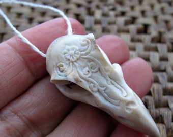 Stylized Raven Skull, Deer Antler Carving,  Side-Drilled,  Sculpture, Jewelry making  Supplies