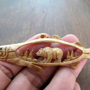 Gorgeous Hand Carved fish with bear pendant, Water Buffalo  Bone carving  , Focal component, Jewelry making Supplies S10026