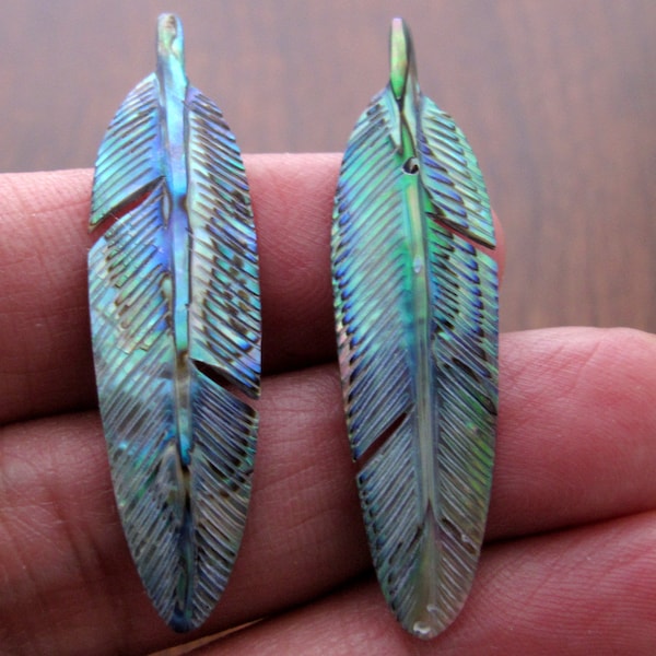 Hand Carved  PAIR of Abalone Feathers,  Earring Set, NOT-Drilled, 40 mm x 12 mm, Paua, jewelry making supplies S8843