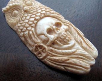 Fabulous  carving  Skull and Owl Spirit, Handmade buffalo Bone Carving, Totem, Jewelry making Supplies S3352