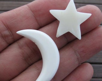 Beautiful Crescent Moon and Star Duo, DRILLED, Buffalo Bone Carving, Jewelry making supplies  S6829