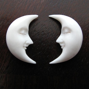 25 mm  Crescent Moon Face Pair with closed  Eyes, double sided carving, Buffalo Bone Carving, ,Earrings, jewelry making supplies   SB8895