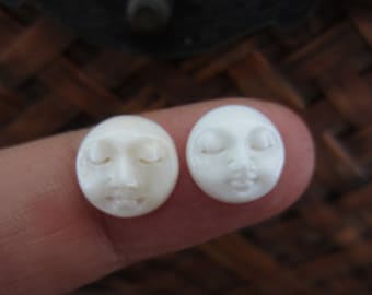 Pair of 10mm Moon Face Cabochon, CLOSED Eyes, Embellishment, Hand Carved Buffalo bone, Jewelry making Supplies S5003