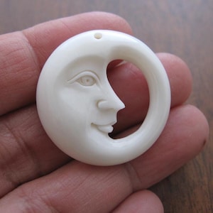 Crescent Moon Face with open Eyes, Buffalo Bone Carving, Double Sided, Embellishment, DRILLED,  Bone Beads  SB10344
