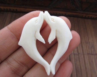 Excellent detail carved  reversible Playful  dolphin, Carved buffalo bone, Jewelry making Supplies S3885