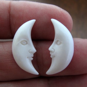 Tiny 20mm Crescent Moon Face Pair with OPEN Eyes, Flat-Backed, Not Drilled, Buffalo Bone Carving, ,Earrings, jewelry making supplies   S8399