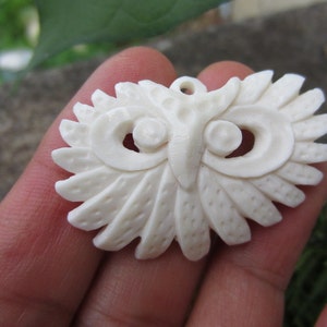 Excellent Detail Hand owl pendant bead, Bone carving, Jewelry making Supplies S4194