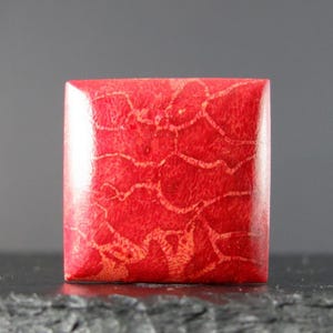 Könnte beinhalten: Ein quadratischer, polierter Edelstein in leuchtendem Rot mit einem natürlichen, komplizierten Muster. Die Oberfläche zeigt ein Netzwerk aus helleren, venenartigen Markierungen, die eine einzigartige Textur erzeugen. Der Edelstein wird wahrscheinlich für Schmuck oder Dekorationszwecke verwendet.