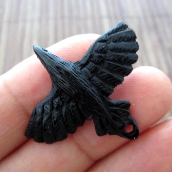 Beautifully Detailed Hand Carved Black Raven, 35mm Buffalo Horn Carving,  Pendant Bead, Jewelry making Supplies S3273