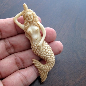 Finely Detailed Hand Carved Mermaid Pendant , Carved Bone,  Drilled Side to Side, Jewelry Supplies S3611