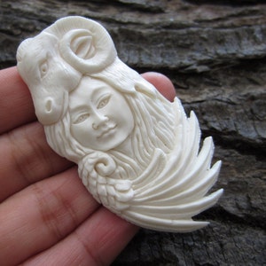 Gorgeous carved buffalo bone , Spirit Lady and Ram CAbochon, Natural Component, Jewelry making Supplies S2329