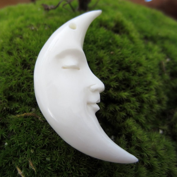 Crescent Moon Face with CLOSED Eyes, Buffalo Bone Carving, Double Sided, Embellishment, DRILLED,  Bone Beads  S3314