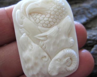 Excellent Hand Carved Spirit of Eagle, Ram, Wolf, and Bear, Buffalo Bone Carving, Slightly Curved Back, Jewelry making Supplies S3463