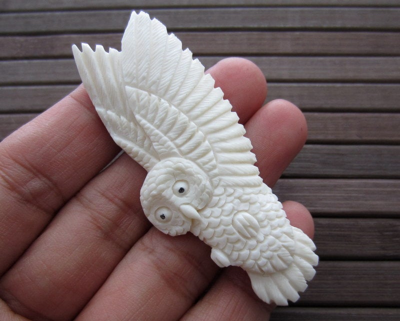 Gorgeous   hand carved  Flying Owl cabochon, Bone carving , Jewelry making Supplies S3464