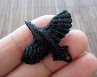 Beautifully Detailed Hand Carved Black Raven, Buffalo Horn Carving,  Pendant Bead, Jewelry making Supplies S3273