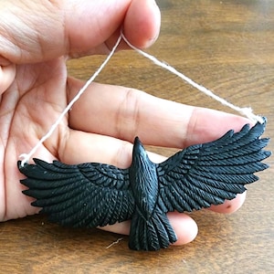 Extra Large Raven Buffalo Horn Carving, Pendant Beads, Drill on Wings Jewelry making Supplies