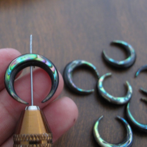 20mm Double  Sided Horn Crescent with Paua Inlay,  Abalone, Top to Bottom  DRILLED, jewelry making supplies  S7328