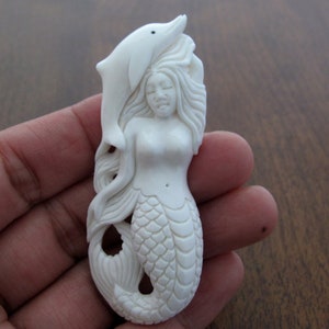 Intricate detail carved Mermaid  and dolphin  , Carved  Buffalo Bone,Jewelry making supplies  S8519