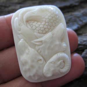 Excellent Hand Carved Spirit of Eagle, Ram, Wolf, and Bear, Buffalo Bone Carving, Slightly Curved Back, Jewelry making Supplies S3463
