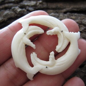 Intricate  Double Sided Three Little Whales, Hand Carved Buffalo  Bone, Handmade Supplies S2813