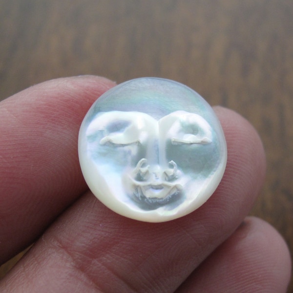 Beautiful 15mm Moon Face Cabochon with CLOSED Eyes, Hand Carved Yellow Mother of Pearl,  S8801
