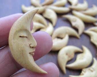 Hand Carved Crescent Moon Face with Closed Eyes, Double-Sided, Jackfruit Wood, NOT Drilled  Embellishment, Beads, Jewelry Supplies S7418