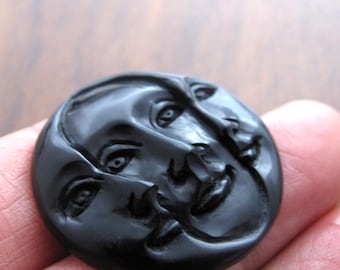 30mm Triple Moon Face Buffalo Horn Cabochon, Hand Carved , Open Eyes, Black Moon, Jewelry making Supplies S8958
