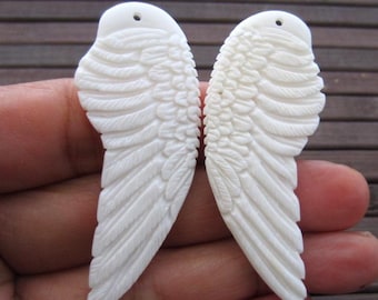 Medium size    Pair of Carved Angel Wing , buffalo bone carving , drilled, Earrings,  Double sided, Jewelry making Supplies , S6073