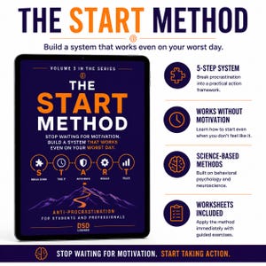 Può includere: Un tablet digitale mostra The Start Method, Volume 3, una guida anti-procrastinazione per studenti e professionisti. Lo schermo presenta un grafico di montagna, un processo in cinque fasi e testo che descrive un sistema per la produttività.